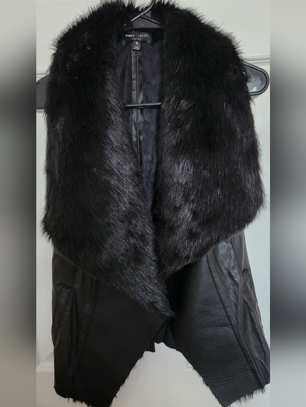 Romeo & Juliet Couture Black Faux Fur Trim Leather Vest